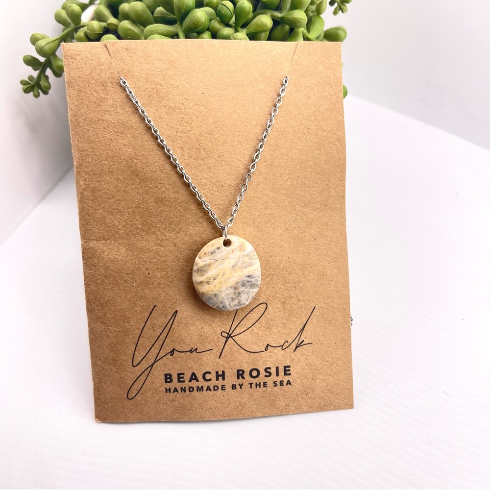 YOU ROCK! River Rock Natural Pendant Necklace. 18” stainless steel. NWT box5.8